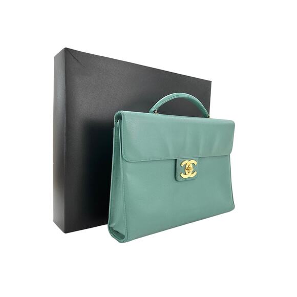 Chanel Seafoam Caviar Kelly Bag CC Briefcase Green Classic Flap Tote Vintage 24K - Picture 1 of 16